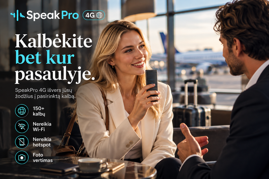 SpeakPro 4G – išmanusis balso ir kalbų vertėjas su integruotu 4G internetu, 150+ kalbų